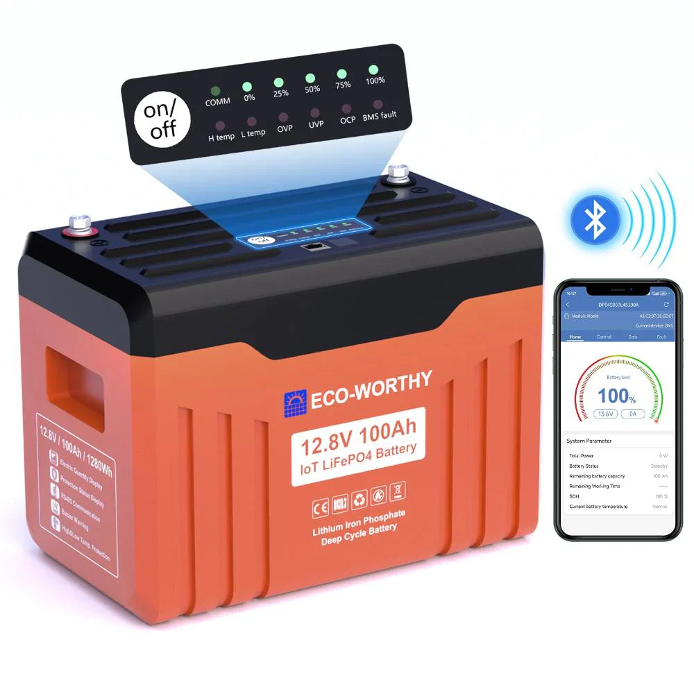 Batteria al litio LiFePO4 12V 100Ah con Bluetooth & Stato LED e indicatori SOC